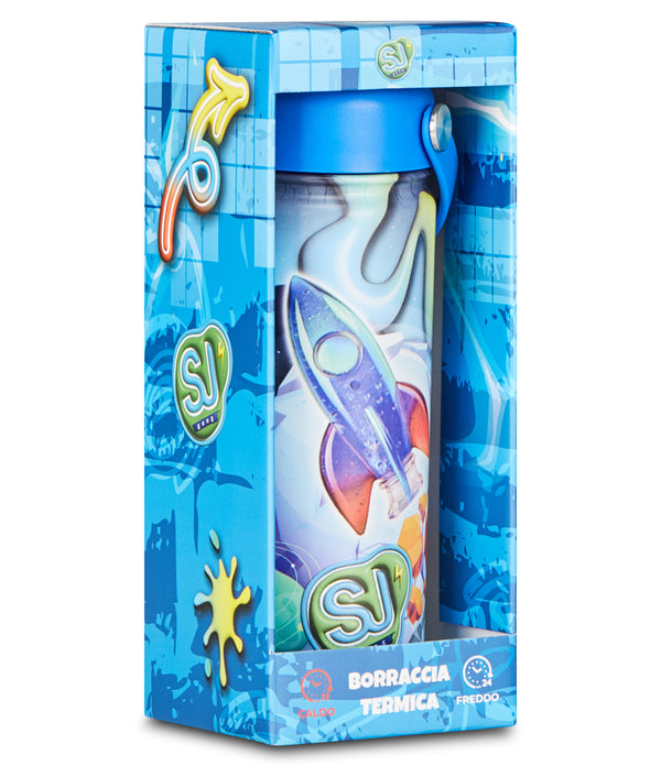 Botella termo SJ Seven con diseño de cohete en su embalaje