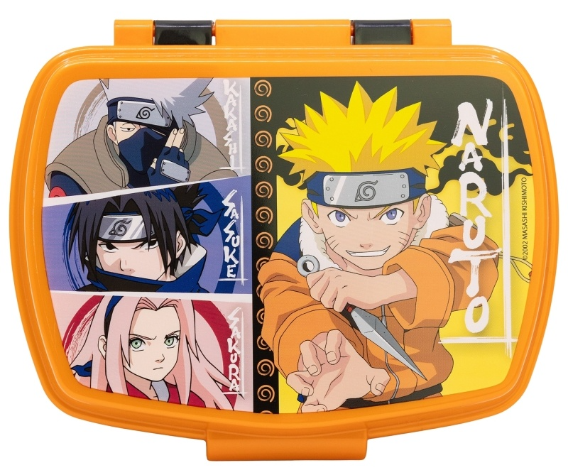 Fiambrera rectangular Naruto naranja con Naruto, Sasuke, Sakura y Kakashi